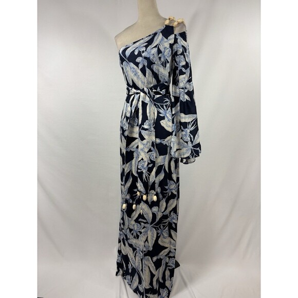 Alexis Randi One Shoulder Maxi Dress Navy Blue Floral Print Size XS Beaded Belt - Picture 12 of 12